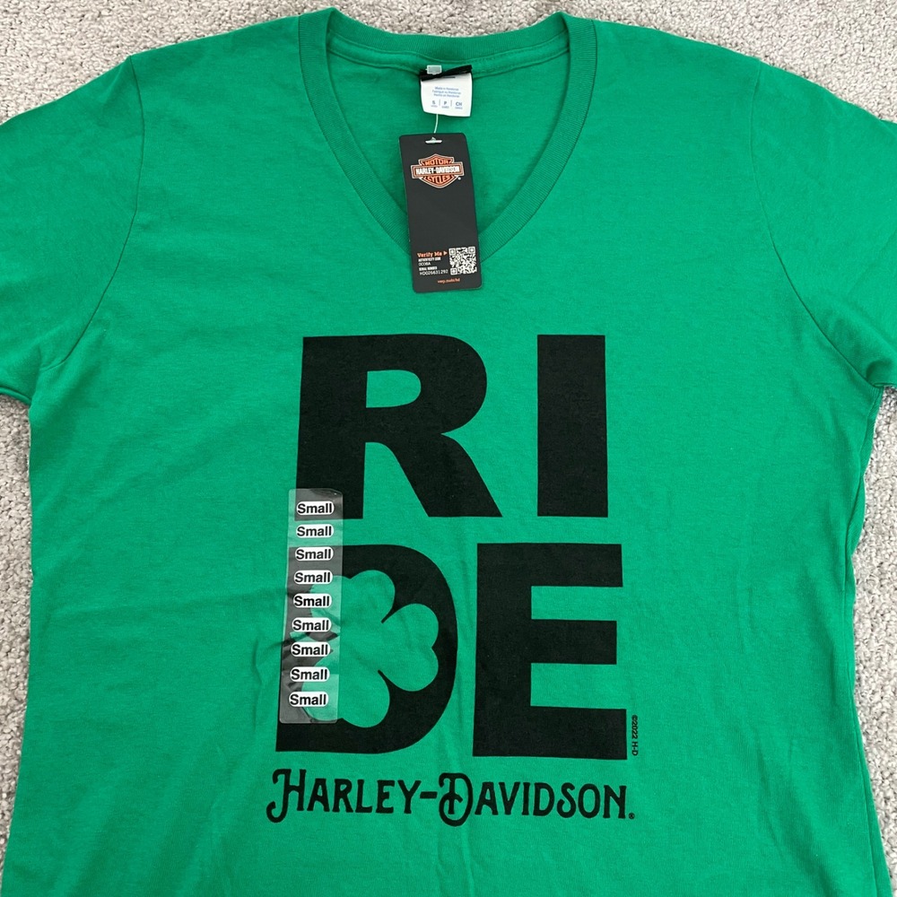 Harley-Davidson Womens Small Shamrock Ride Kelly Green V-Neck Graphic Tee NEW